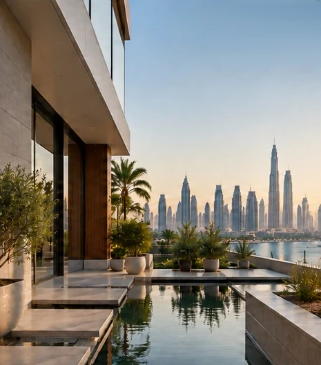 Modern Dubai villa terrace with a reflecting pool and the Downtown skyline — book a property valuation in Dubai