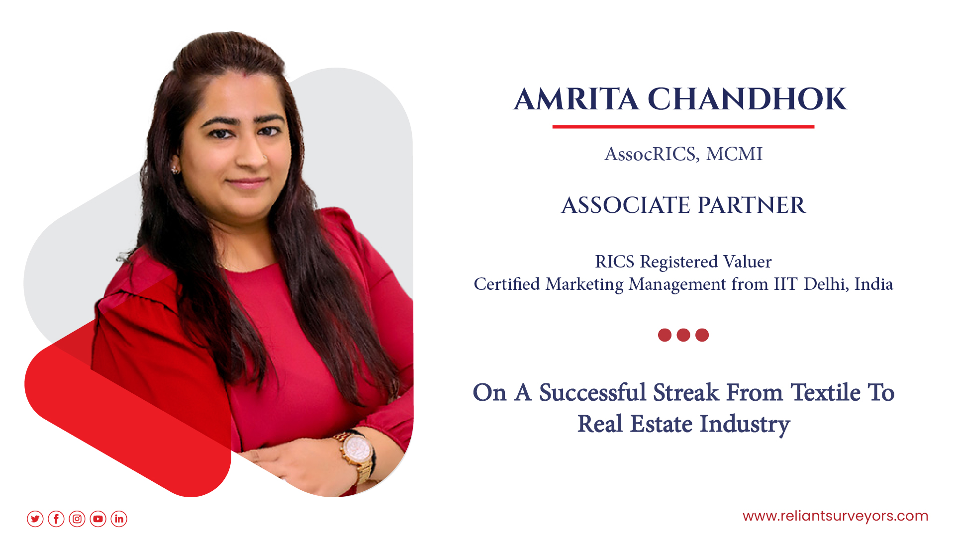 Amrita chandhok - partner and Director of Valuation reliant Surveyors.